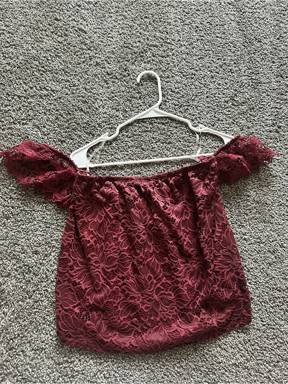 Charlotte Russe Burgundy Off-Shoulder Lace Crop Top